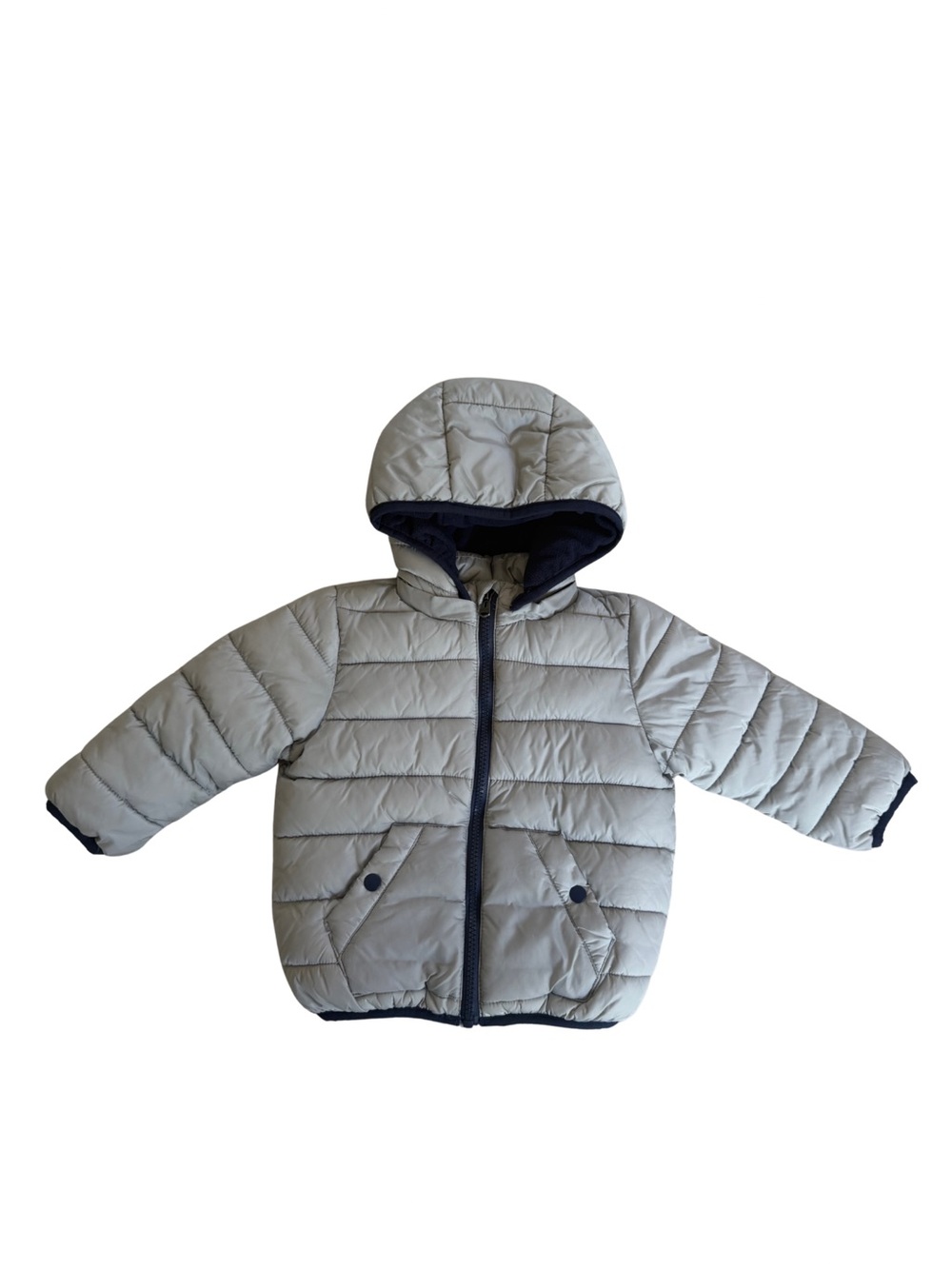 Children's Hooded Puffer Jacket in Light Gray with Navy Trim